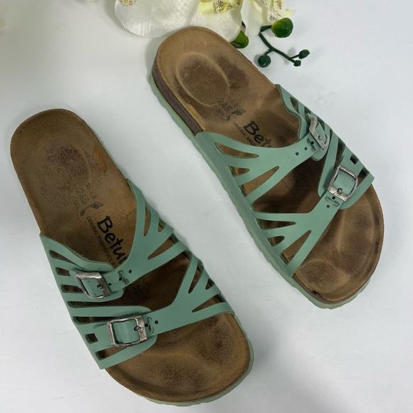 Birkenstock Green Sandals with Silver Buckles - Picture 2 of 14